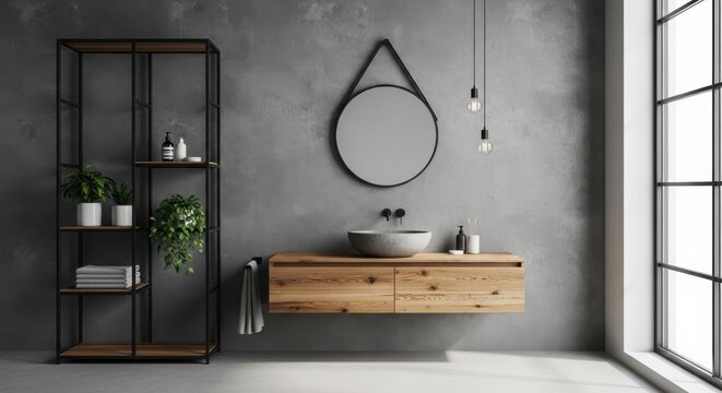 Modern bathroom with concrete walls, wooden vanity, and a round mirror