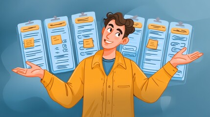 Engaging young man smiling confidently while gesturing towards organized documents in a dynamic work setting showcasing digital workflow strategies and productivity techniques