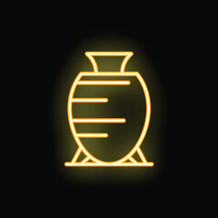 Bright yellow neon sign of an amphora, glowing on a black background