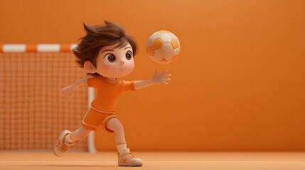 Young Boy Playing Soccer in Bright Orange Background and Uniform