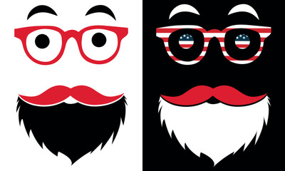 Contrast Face Designs: A playful contrast of two face designs, one with a red-framed glasses and red mustache over a black beard. CHRISTMASS,