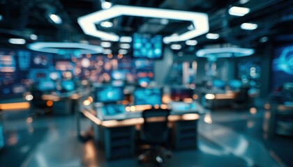 Cutting-Edge Command Center Designed For Technology And Innovation With Modern Workstations And Ambient Lighting For An Engaging Environment.