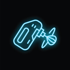 Blue neon sign of a kitchen mixer working with dough on a black background