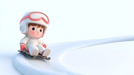 Cute Cartoon Child in Snow Suit Sliding on a Sled on Snowy Surface