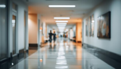 Blurred Clinic Or Hospital Room With Doctors Walking In Blank Hallway In Office Or Medical Institution. Soft Lighting For Interior Use.