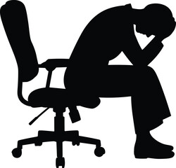 Office stress silhouette, workplace fatigue, mental burden, seated posture, ergonomic chair, black shape, emotional tension, business pressure, burnout icon, contemplative figure, corporate distress