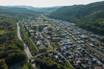 Aerial View of Otoineppu Village, Hokkaido – Rural Town and River Landscape