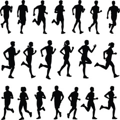 Running silhouette icons, human motion poses, black vector graphics, athlete movement, sports training, minimal design, fitness, jogging, sprinting, biomechanics, exercise
