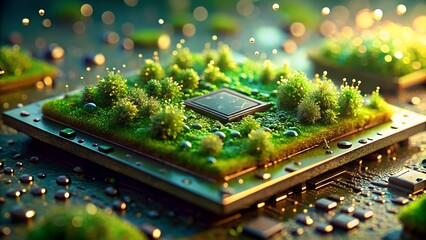 Sustainable technology concept with vibrant green landscapes