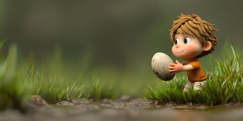 Cute Child Holding Egg in Lush Green Grass Under Soft Lighting
