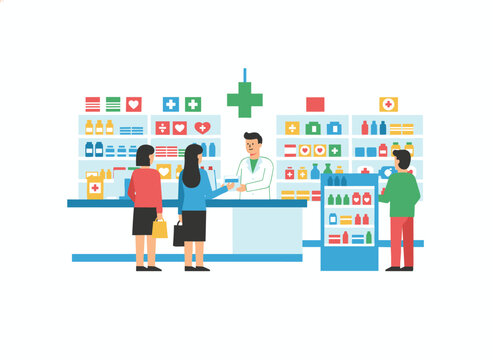 A fashionable woman purchases a remedy while consulting a pharmacist in a flat vector illustration of a drugstore, with various people queued in a modern pharmacy interior, and a male vendor - Powered by Adobe