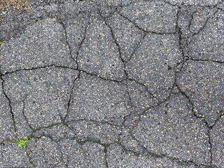Close-up of cracked asphalt surface with detailed rough texture and deep fractures