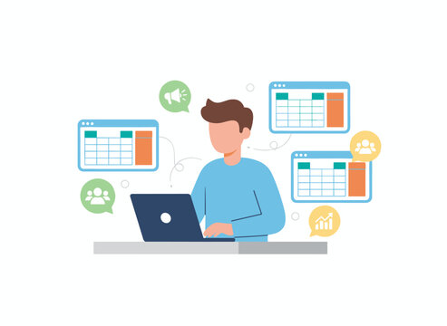 A man working with large data sets and databases on a laptop, using Excel tables to analyze and report, shown as a flat vector illustration on a white background