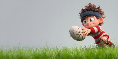 Playful Cartoon Boy Reaching for Rugby Ball on Green Grass Field