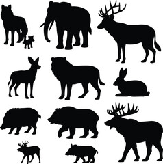 Wild animal silhouettes, forest creatures, black shapes, antlered mammals, tusked elephant, predator icons, nature grid, animal diversity, anatomy study, wildlife reference
