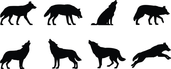 Wolf silhouette icons, black animal graphics, wildlife pose illustrations, howling and walking wolves, nature symbols, minimal design, vector animal set