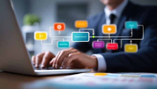 Successful Business Management Workflow: Executives Utilizing Laptops To Create Flow Charts, Organizing Company Processes For Optimal Success And Goal Achievement With Efficient Management Techniques.