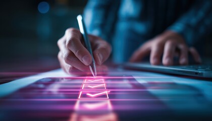 Digital Work Checklist On Virtual Screen: Businessman Utilizes Pen To Mark Tasks And Laptop For Efficient File Management And Process Automation In Office.