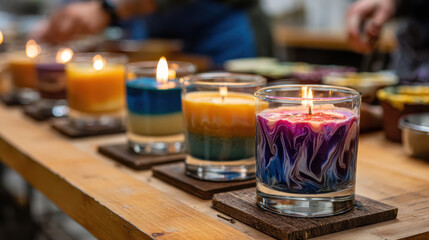 Vibrant candle making workshop featuring colorful candles with unique designs and warm lighting, creating cozy atmosphere