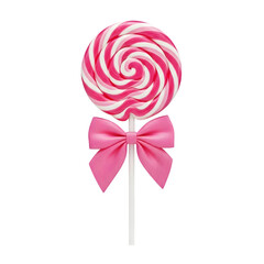 Colorful spiral lollipop with a cute pink bow. Perfect for candy, sweets, celebration, and festive designs. Isolated on white or transparent background. PNG format.