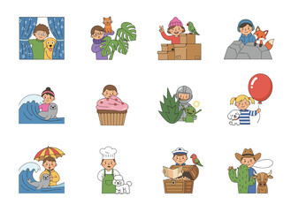 Fototapeta premium A scene of people spying, observing, and sneaking; characters peeping from behind shrubs and windows; men, women, and pets peeking, looking out, and searching; all rendered as flat vector