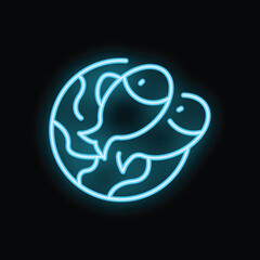 Blue neon sign representing world oceans day with fish swimming around the earth