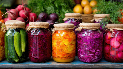 Vibrant display of colorful fermented foods in jars, showcasing various vegetables like cucumbers, carrots, and cabbage