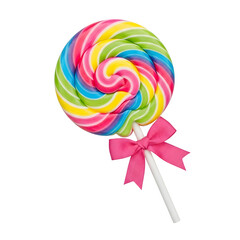 Colorful spiral lollipop with a cute pink bow. Perfect for candy, sweets, celebration, and festive designs. Isolated on white or transparent background. PNG format.