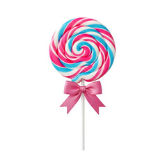 Colorful spiral lollipop with a cute pink bow. Perfect for candy, sweets, celebration, and festive designs. Isolated on white or transparent background. PNG format.