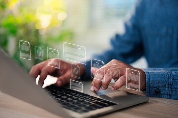 Digital data document management system (DMS), online documentation database process automation to efficiently manage files, knowledge and documentation in enterprise. Corporate business technology.