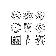 Celebrate the New Year with festive icons! A fun design featuring fireworks, champagne, clocks and celebratory decorations perfect for invitations and more