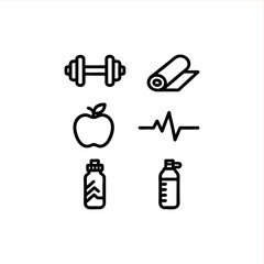 Fitness lifestyle icons showcasing workout essentials like dumbbells, yoga mat, healthy eating, hydration and heart health for a balanced wellness routine