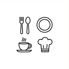 Elegant Chef Icons for Restaurant Branding and Food Service Design Projects, including Chef Hat, Coffee, Plate, and Cutlery in a Modern Line Art Style
