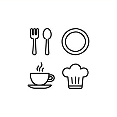 Restaurant essentials simple icon set, fork, spoon, plate, hot drink, chef's hat, for food blog or menu design, elegant culinary symbol pack, modern kitchen elements