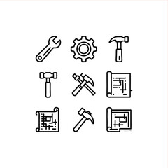 Construction and Repair Icons Representing Tools, Blueprints, and Engineering Excellence for Home Improvement Projects and Building Design