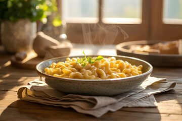 Steaming bowl of macaroni and cheese with fresh basil garnish on wooden table pasta comfort food