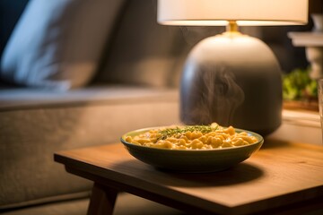 Steaming bowl of pasta with cheese and herb garnish on wooden table mac and cheese macaroni