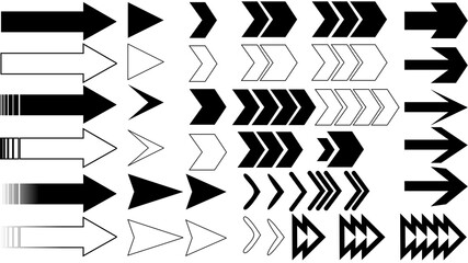 A diverse collection of black and white arrow icons and symbols for graphic design.