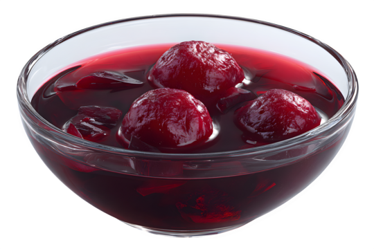 Sweet and juicy whole cherries submerged in a vibrant red syrup in a clear glass bowl