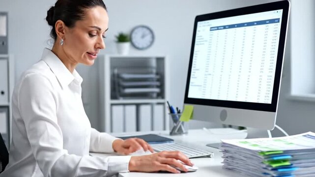 A focused businesswoman works diligently at her computer on a spreadsheet in a modern office.