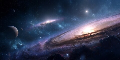 Obraz premium Stunning Cosmic Landscape Featuring Bright Galaxies and Planets in Vast Universe with Stars and Nebulae in Background