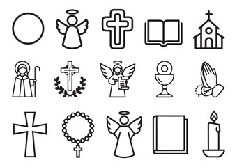 Collection of religious symbols and icons including crosses angels bible church rosary and candle outline graphics