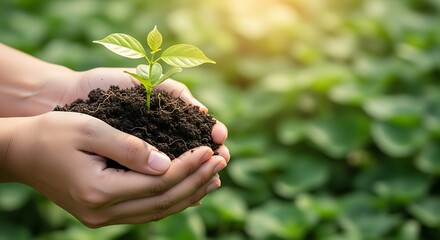 Hands carefully cradle a young sapling with fresh green leaves, symbolizing growth.