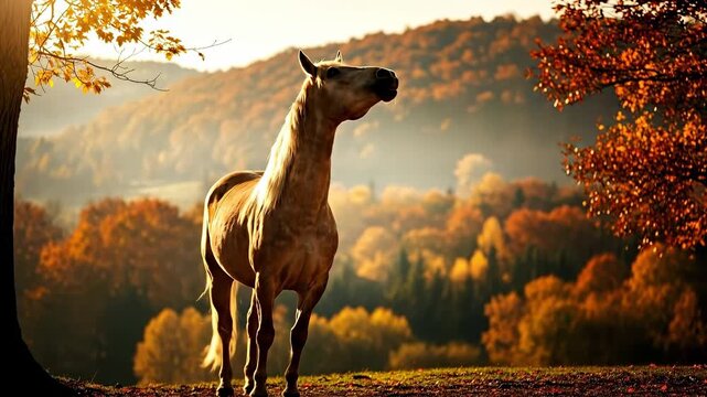 A Majestic Palomino Horse Standing Gracefully in an Autumn Landscape Surrounded by Vibrant Orange and Yellow Foliage Under Soft Sunlight