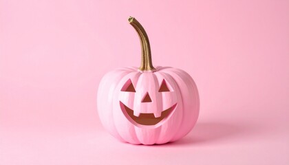 Obraz premium Pink Jack-o'-Lantern Pumpkin with Gold Stem on Monochromatic Background