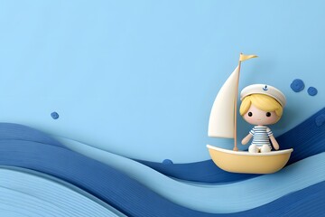 Cute sailor character on paper boat against blue textured waves
