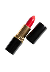 Red lipstick in elegant black and gold tube isolated on transparent background &mdash; suitable for cosmetic packaging, product mockups, and beauty advertisements.