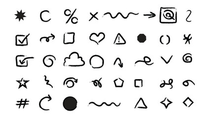 Collection of hand drawn doodle symbols and icons including stars hearts checkmarks arrows and geometric shapes