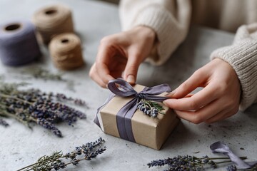 Hands wrapping a gift with a lavender sprig and silk ribbon
