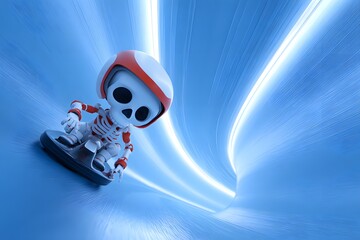 Skeleton Character Riding a Sleek Board in a Neon Tunnel